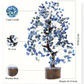 Decorative tree made of Lapis Lazuli stones with wooden base and measurements indicated.